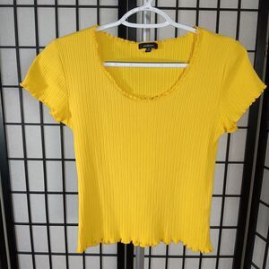 AMBIANCE Yellow Short Sleeve Ribbed Crop Women's Pullover Blouse XL